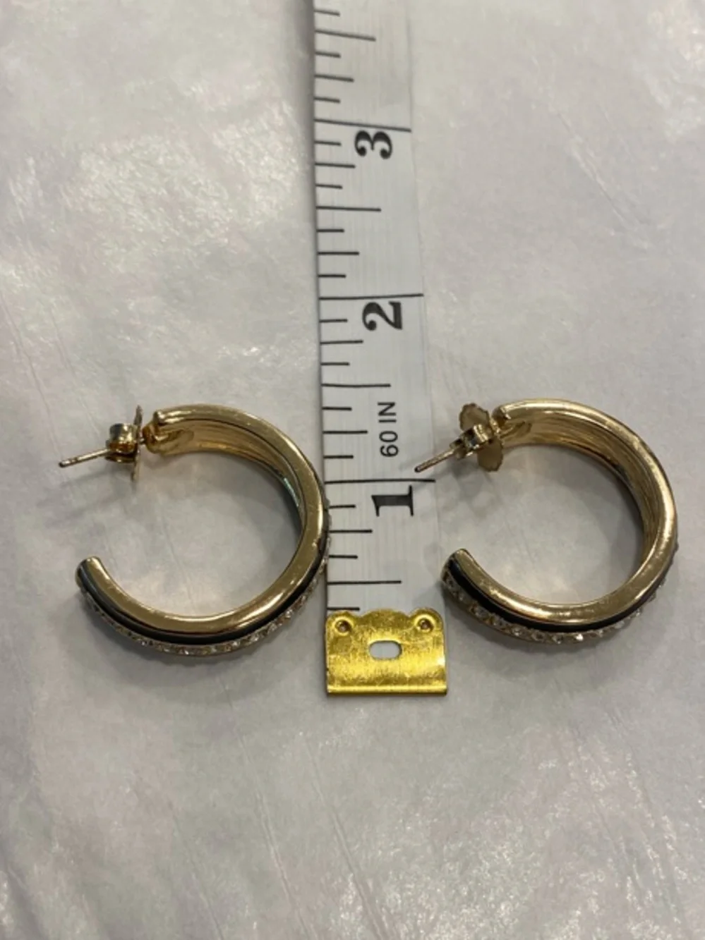 Gold Navy Enamel Rhinestone Hoop Earrings Medium - Picture 7 of 12